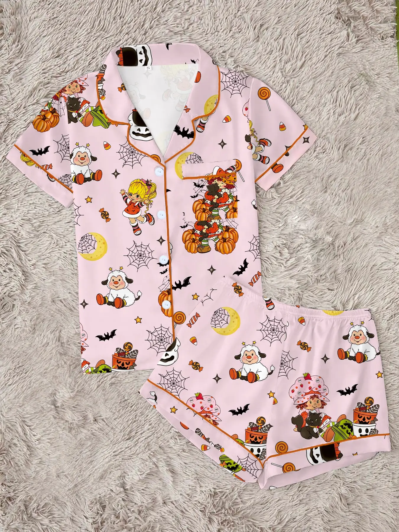 Women's Halloween Pajama Set, Cute Cartoon Strawberry Girl Print, 2-Piece Short Sleeve Sleepwear, Fun and Comfortable Nightwear Gift