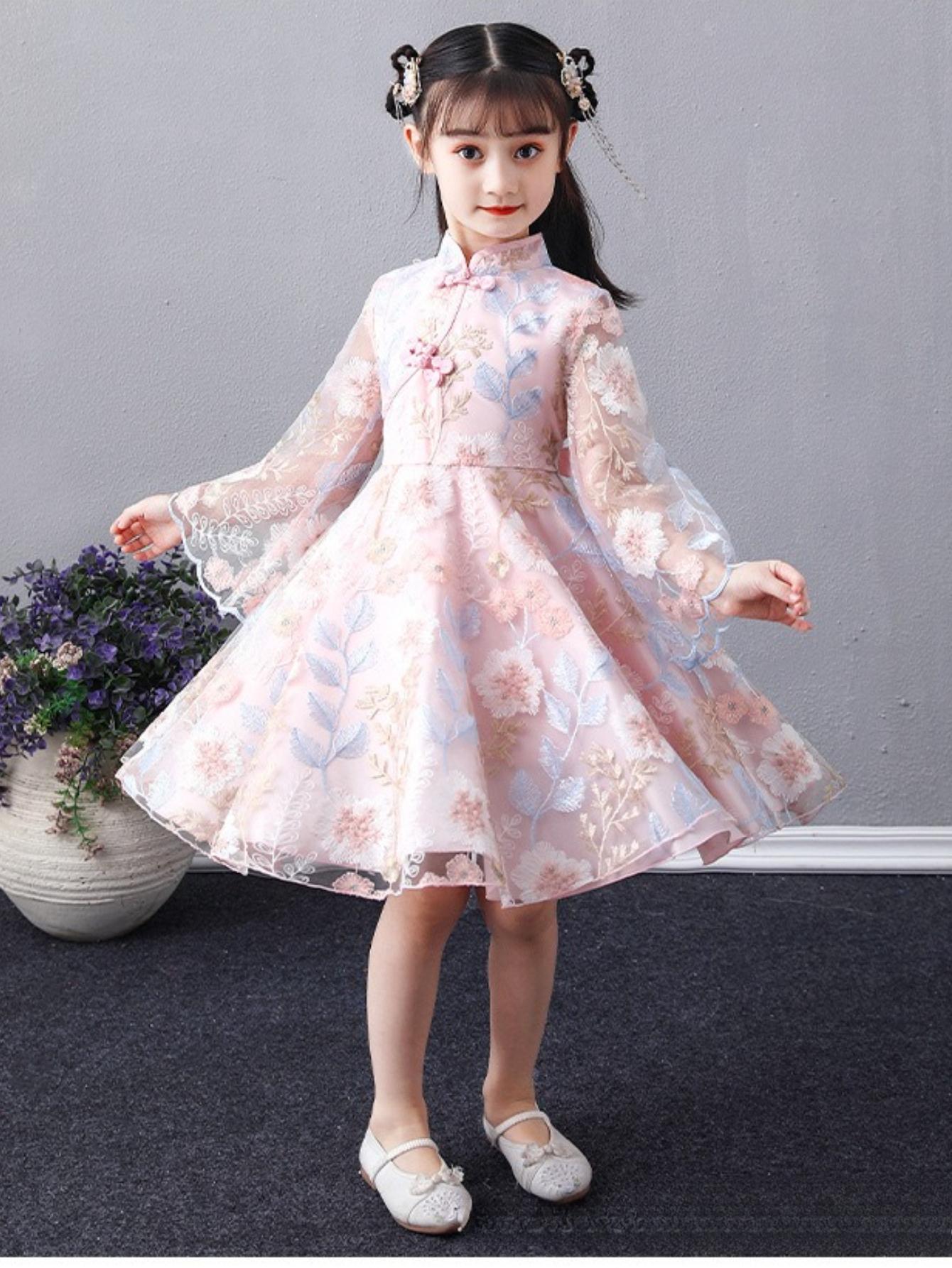 NewSummer Princess Dress for Girls Featuring New Chinese Style Jacquard Embroidery Mesh Elegance Traditional Hanfu