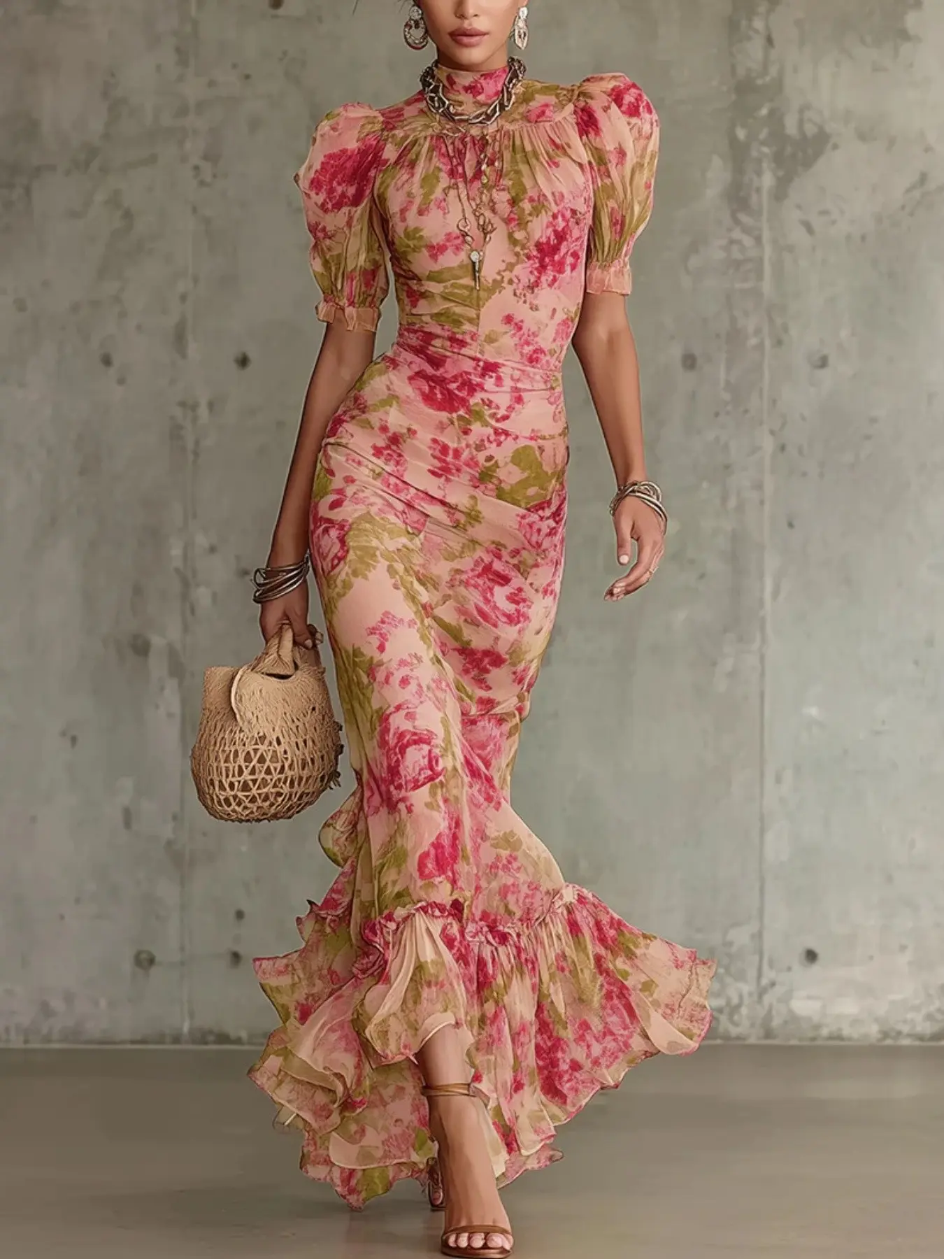 2026 New French Bubble Sleeve Floral Dress, Elegant Long Dress with Zipper Back, Lightweight Mesh Fish Tail Skirt, Spring Summer Fashion