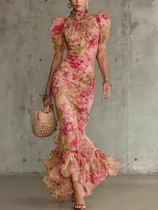 2026 New French Bubble Sleeve Floral Dress, Elegant Long Dress with Zipper Back, Lightweight Mesh Fish Tail Skirt, Spring Summer Fashion