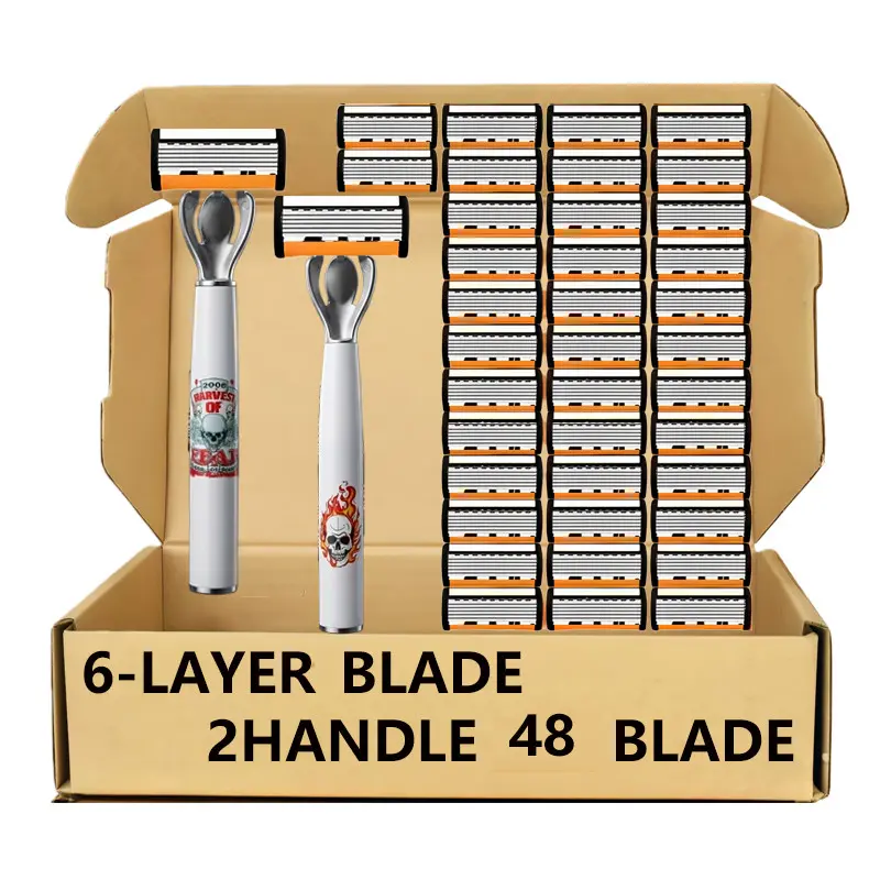 Men's 6-blade safety razor set—includes 2 handles and 48 replacement blades; gentle on sensitive skin and delivers a smooth, effortless shave for thick beards when used with shaving cream. A perfect gift for your boyfriend.