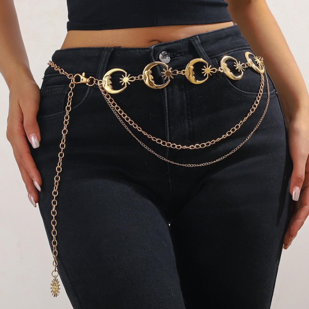 Vintage Moon Star Pendant Waist Belt| Hip Hop Metal Body Chain| Trendy Goth Accessory