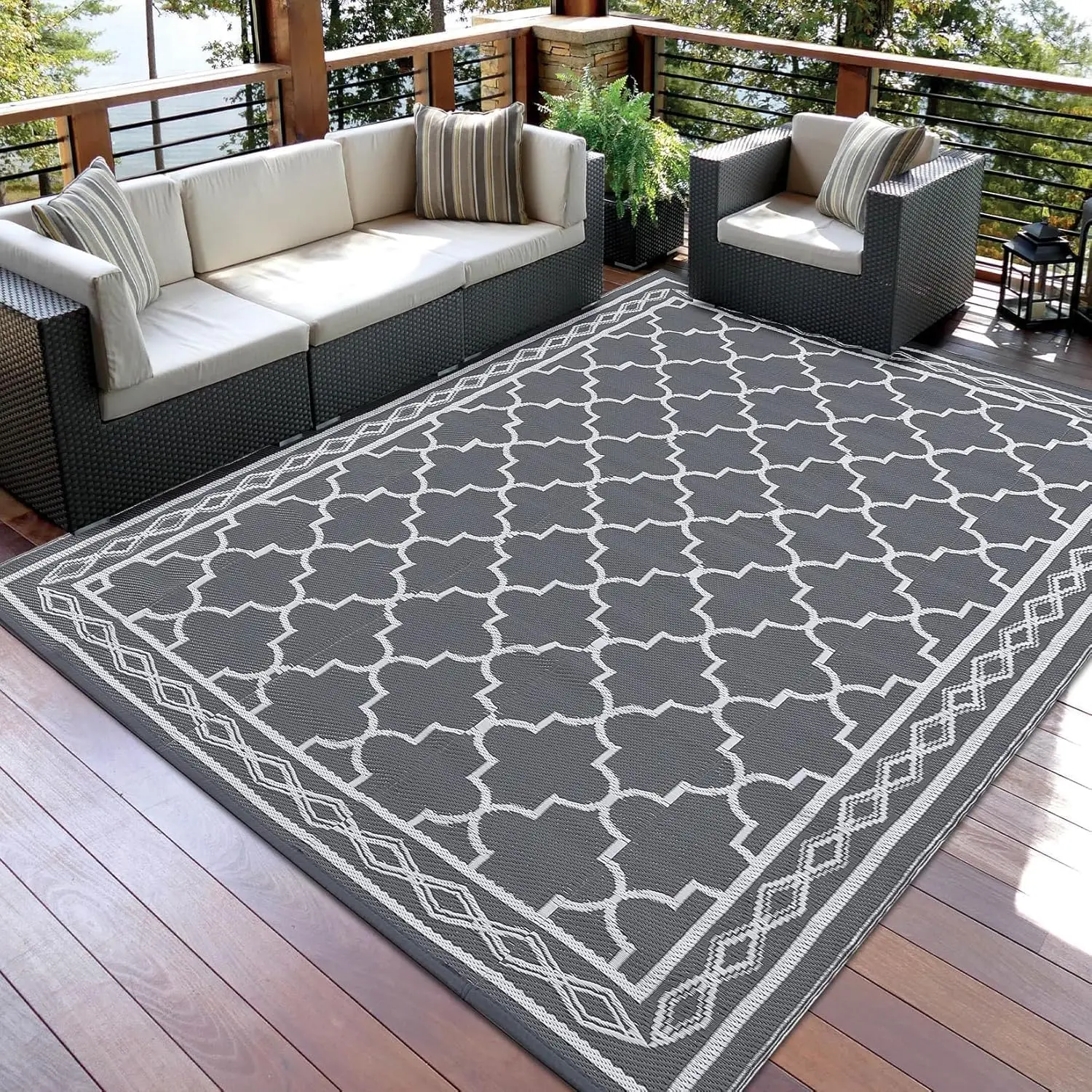Outdoor Plastic Straw Rug 10x14/10x20 Large Patio Rug Vintage Trellis Floor Mat Waterproof Rug for Patio Reversible Outdoor Rugs for RV Beach Patio Camping Backyard Deck Picnic Grey White/Black Grey