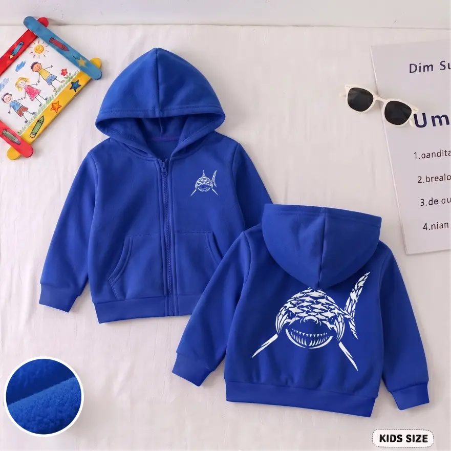 Kids’ Shark Graphic Zip Up Hoodie, Casual Long Sleeve Hooded Jacket with Front Pockets and Back Print, Everyday Outerwear for School, Travel, Outdoor Play and Weekend Wear