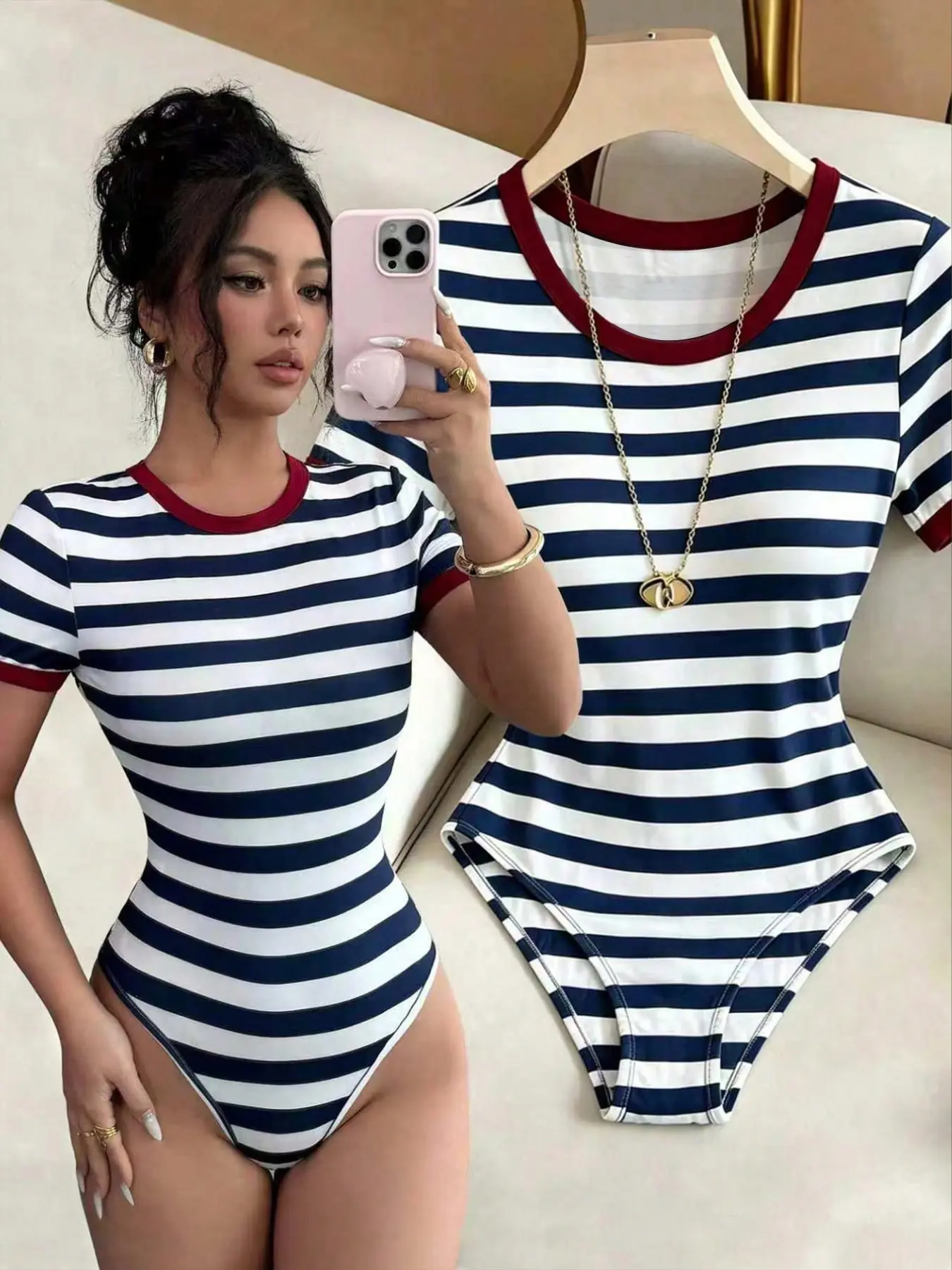 Champagne Satin Striped V-Neck Pearl Halter Jumpsuit, High-Waisted Slim Fit Bodycon, Luxurious Evening Wear, Party, Casual Street Style