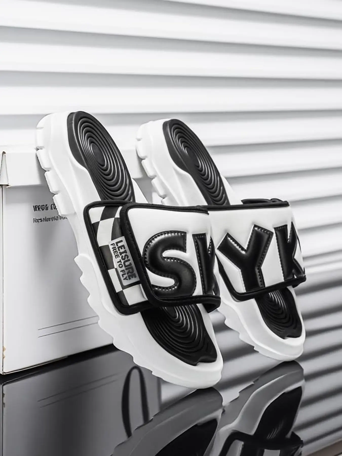 Men street check velcro slides 3D embroidery elastic thick grip sole casual outdoor footwear