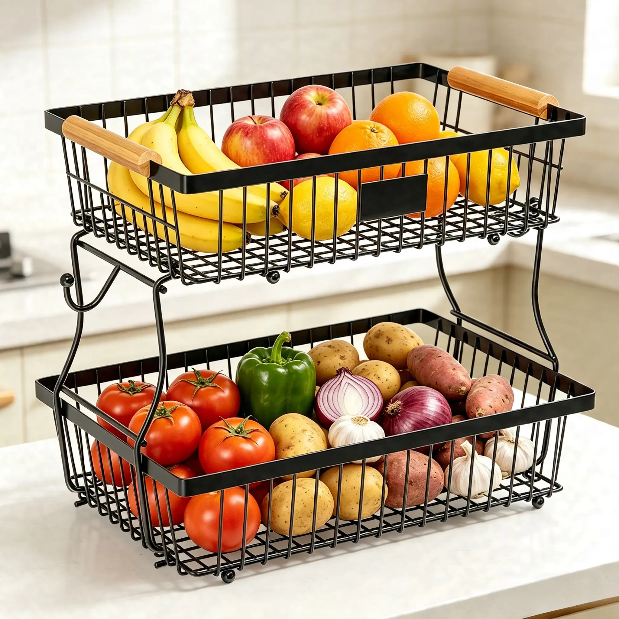 2 Tier Fruit Basket for Kitchen Counter with 2 Banana Hangers, Countertop Metal Bread Basket with Wooden Handle, Large Storage Stand for Vegetables, Snacks, Eggs, Produce Storage – Black organizer rack storage basket wire potato onion