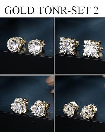 4 Pairs Trendy Sterling Silver CZ Stud Earrings for Women 14K Gold Plated Brilliant Celtic Heart Big Stud Earrings Set Cubic Zirconia Earrings Studs for Sensitive Ear