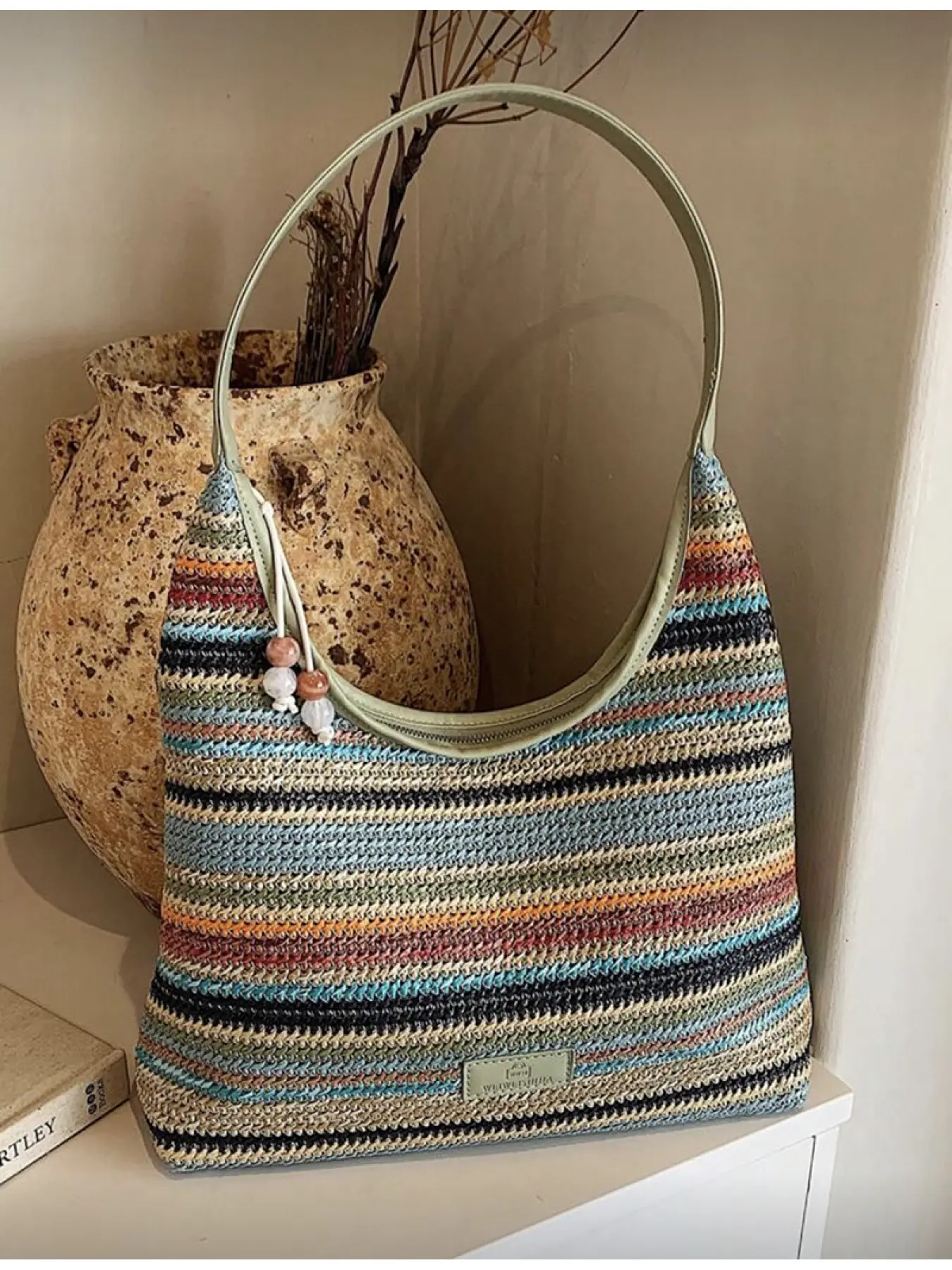 Fashion Casual Multicolor Striped Woven Grass Crossbody Shoulder Bag for Women, Stylish Plain Design, All Seasons Accessory