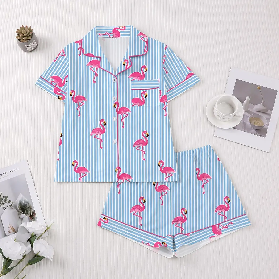 Women's Flamingo Print Pajama Set, Short-Sleeve Button-Up Top with Elastic Waist Shorts, 2-Piece Soft and Lightweight Casual Set, Summer Women's Sleepwear, Comfortable Gift for Dog Lovers