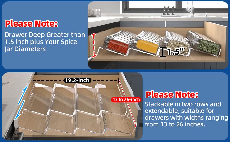 Clear Acrylic Spice Drawer Organizer, 4 Tier- 2 Set Expandable From 13" to 26" Drawer Seasoning Organizer, Kitchen Spice Rack Tray for Drawer/Countertop (Jars not included)