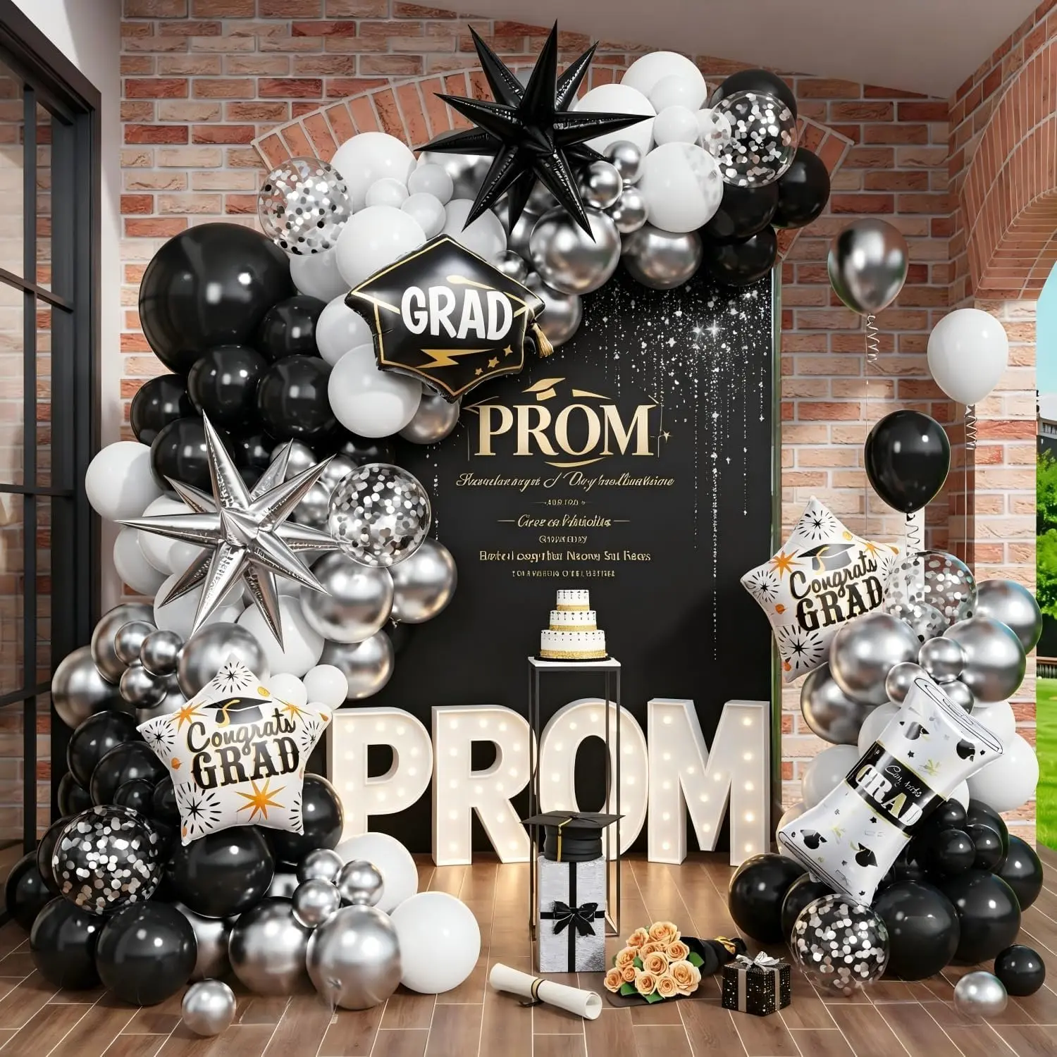 131 count Prom Balloon Arch Kit, Black White  Confetti Balloons with Explosion  Graduation Cap Foil Balloons for Class of 2026 Congrats Graduation Prom Birthday Party Decorations
