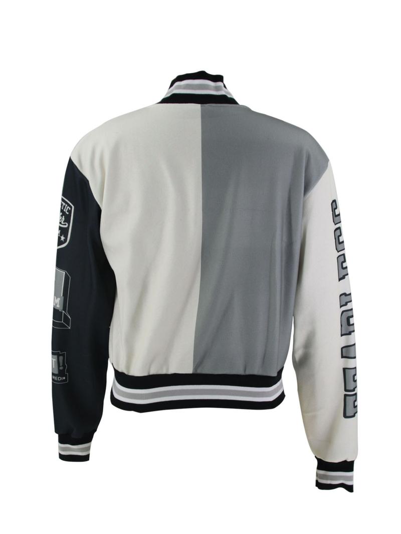 Women's Colorblock Letter & Striped Print Button Varsity Jacket, Casual Drop Shoulder Mock Neck Long Sleeve Outerwear, Ladies Spring & Fall Clothes