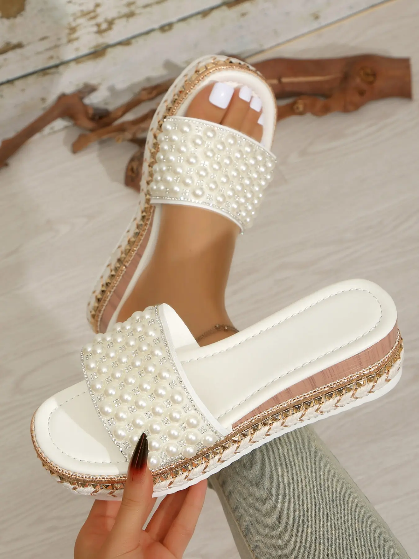 Women Pearl Platform Slide Sandals, Open Toe Rhinestone Decor Wedge Slides, Summer Espadrille Thick Sole Casual Slippers