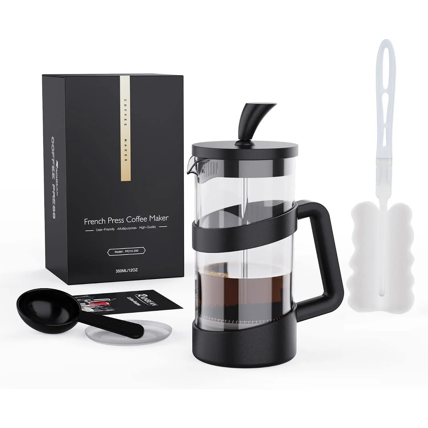 Mini  Press Coffee Maker, 12 oz, Camping Coffee Press Pot, Small  Press,  and Frothed Milk Press (Black, 12 oz)