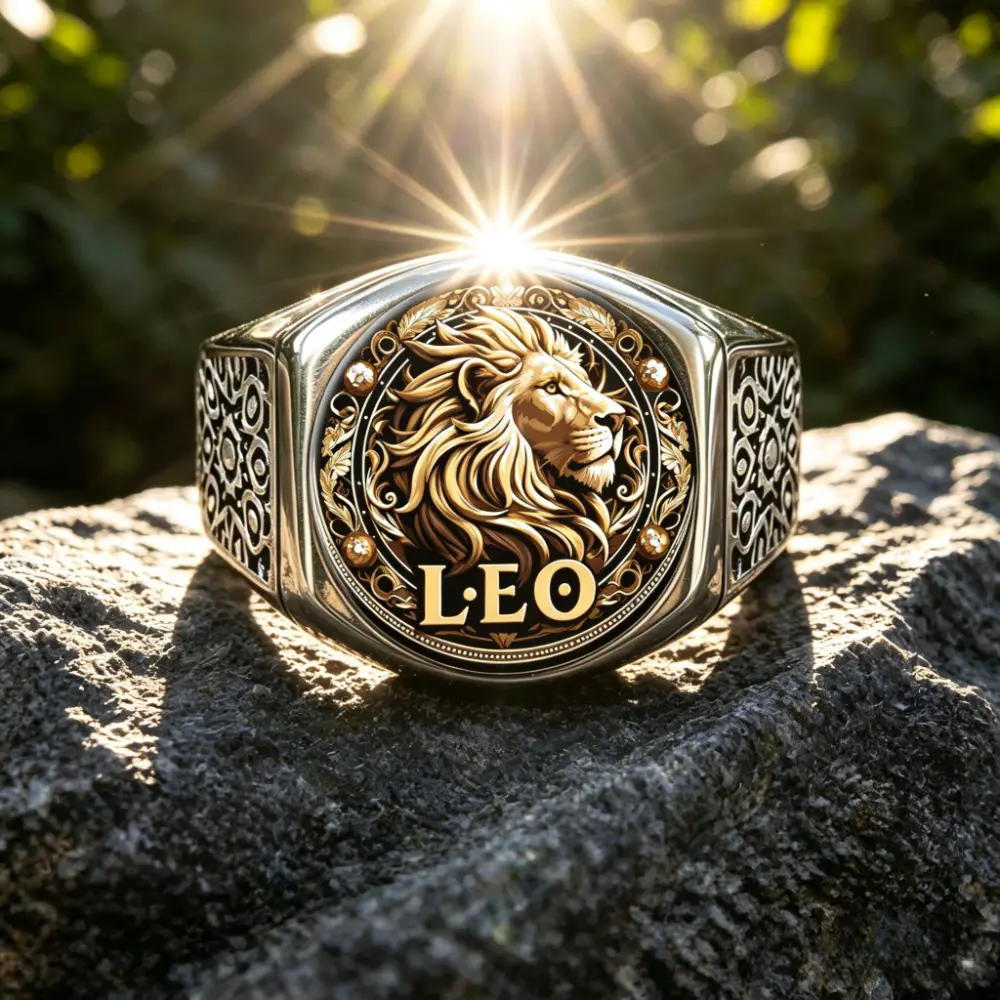 Stainless Steel Leo Zodiac Signet Ring for Men, Vintage Lion Head Glass Inlay Ring with Carved Side Band, Constellation Astrology Statement Ring Birthday Gift
