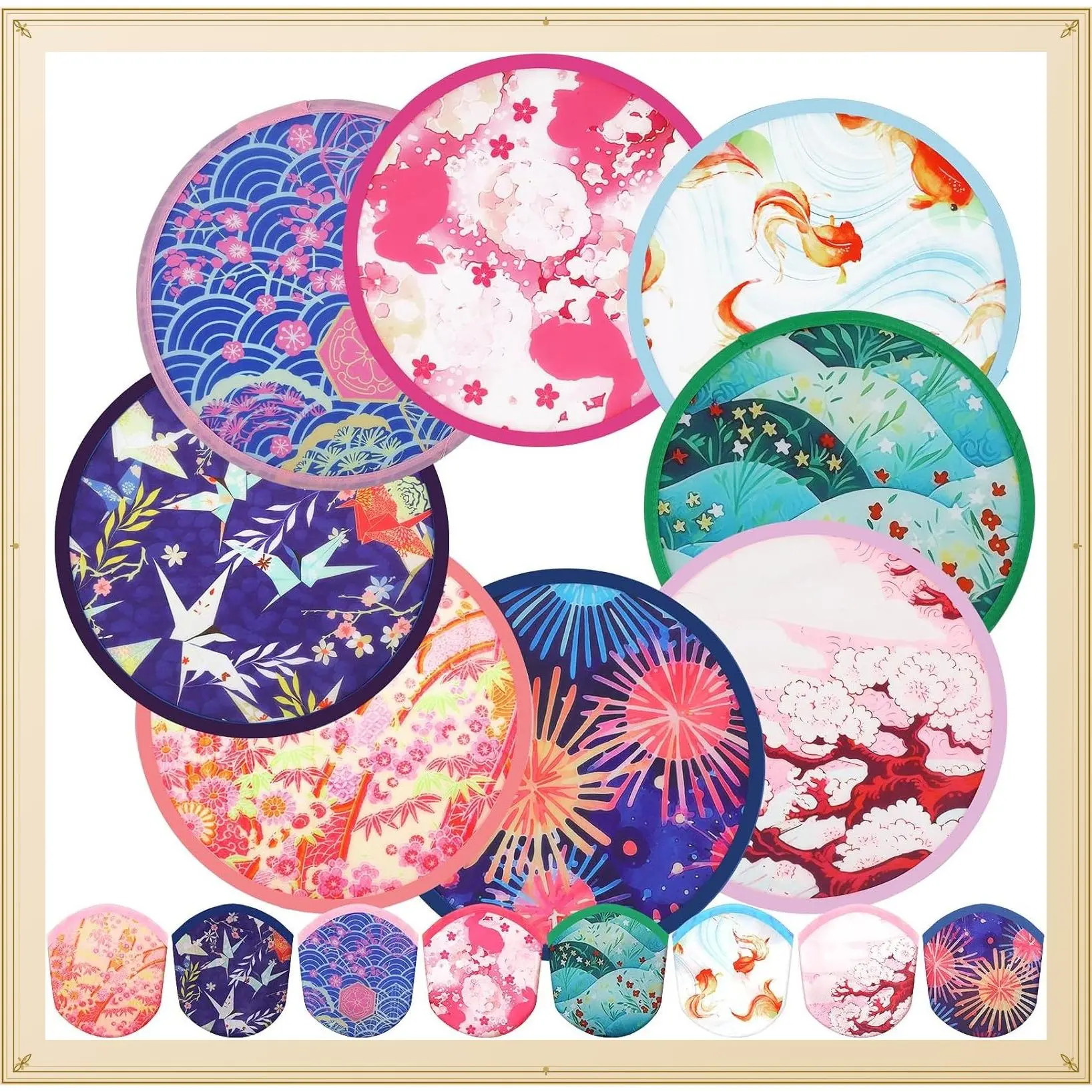 24 Pack Japanese Folding Fans, Flying Disc Design, 8 Styles - Cherry Blossom, Ocean Waves, Fireworks, Paper Cranes Patterns - Portable Handheld Cooling Fan Party Favors for Wedding, Festival & Daily UseGift