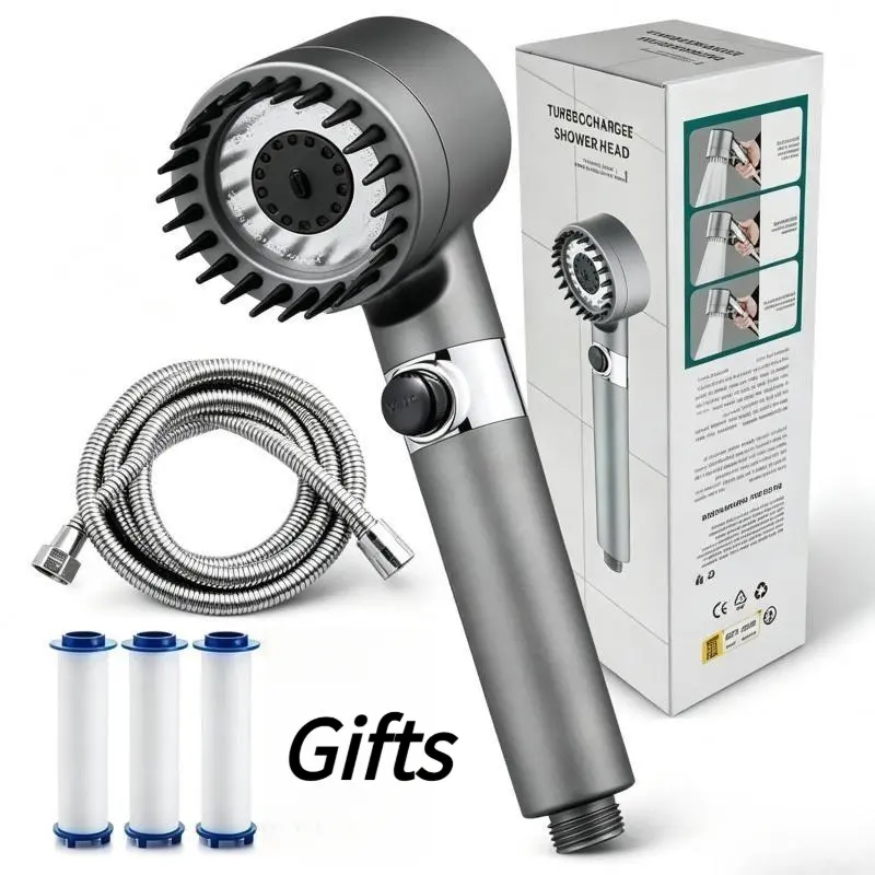 High Pressure Handheld Filtered Shower Head - Detachable Spray Modes, Extra Long Stainless Steel Hose, Replacement Bracket, Built-In Cotton Filters, Power Wash for Tubs & Tiles, Wall/Ceiling Mounts, Water Softener Bead Blaster,, Adjustable Handheld Shower