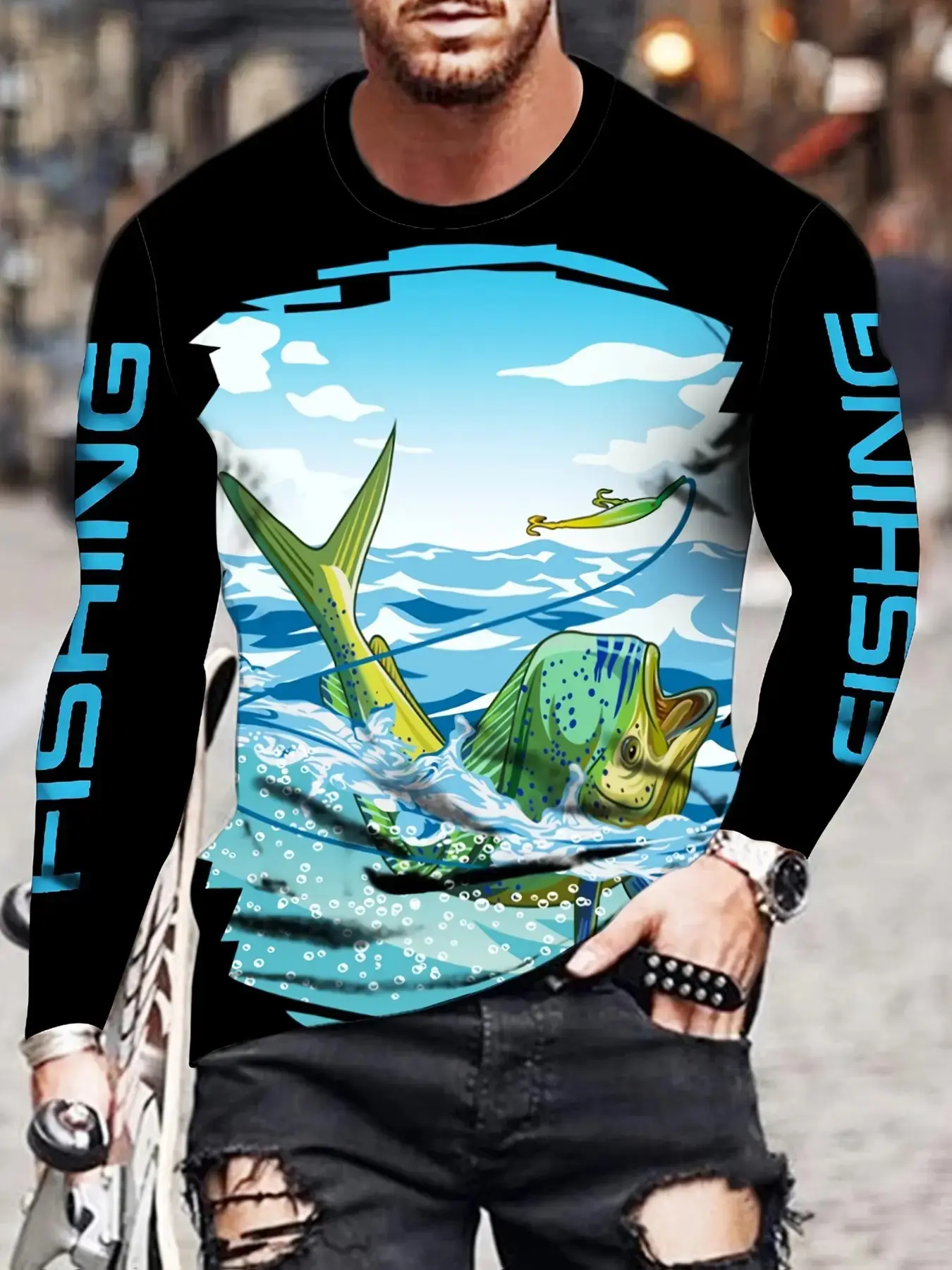 Men's Marlin Fishing Theme Ocean Print Round Neck Long Sleeve Top, Quick-Dry Breathable Outdoor Fishing Casual Sportswear