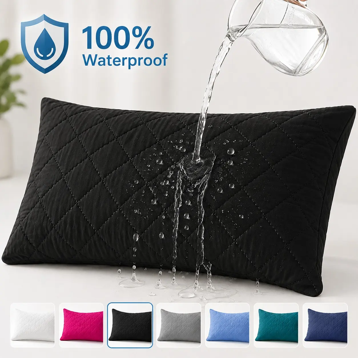 2Pcs Thick Quilted Waterproof Pillow Protectors, Soft Padded Solid Color Pillow Covers, Breathable Noiseless Stain Resistant Easy Care Pillowcases, Machine Washable, Multiple Sizes