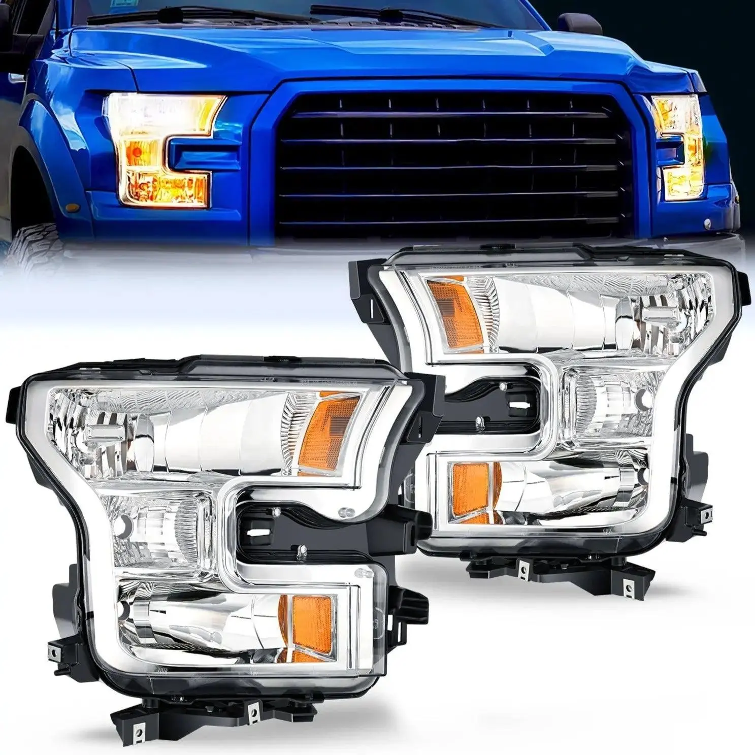 Nilight 2015 2016 2017 Ford F150 Headlight Assembly Chrome Housing Amber Reflector Upgraded Clear Lens
