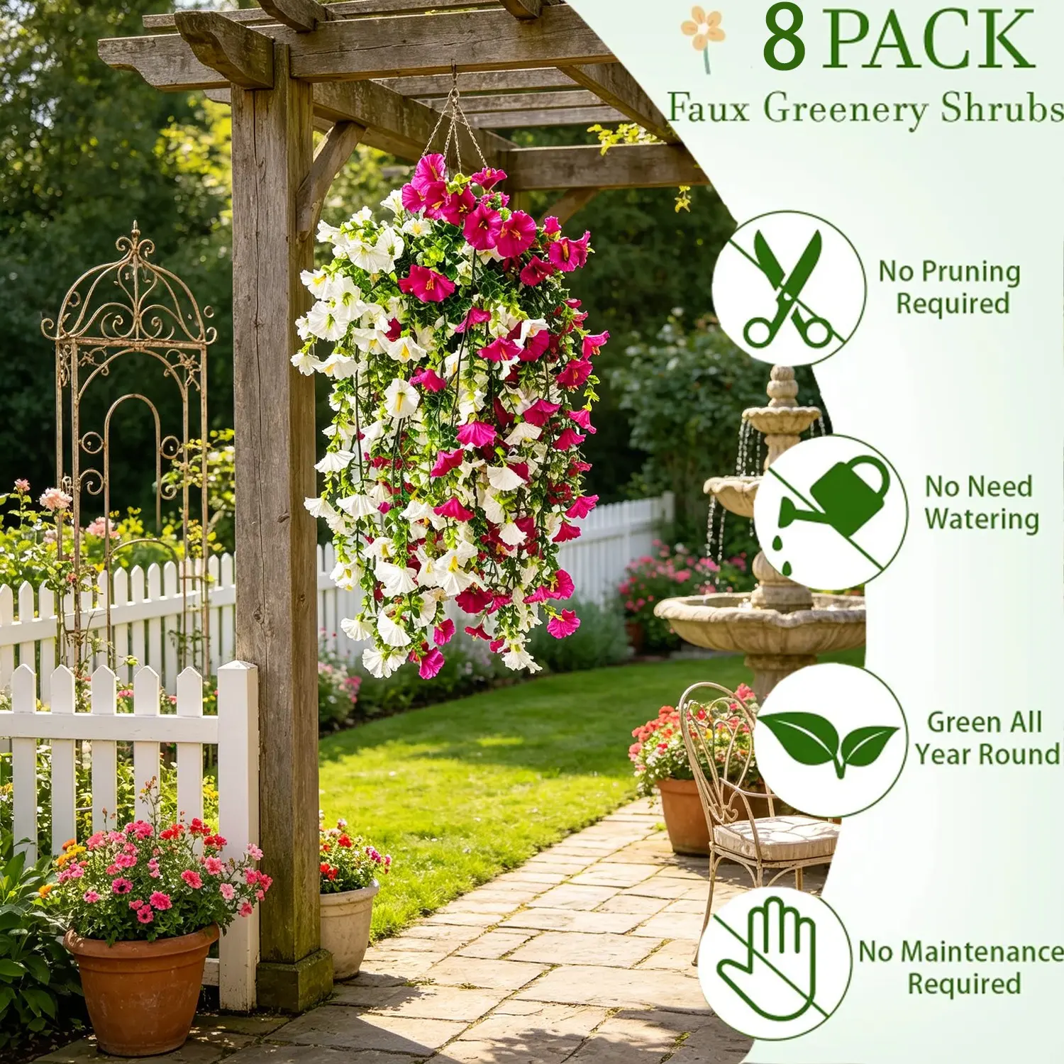 8Pcs Artificial Red Lotus & White Morning Glory Hanging Vines, Artificial Flowers Outdoor, Faux Hanging Flowers, Weatherproof & Maintenance-Free Decorative Artificial Flower Garland for Home, Wedding, Garden Decor, UV Resistant Faux Flowers
