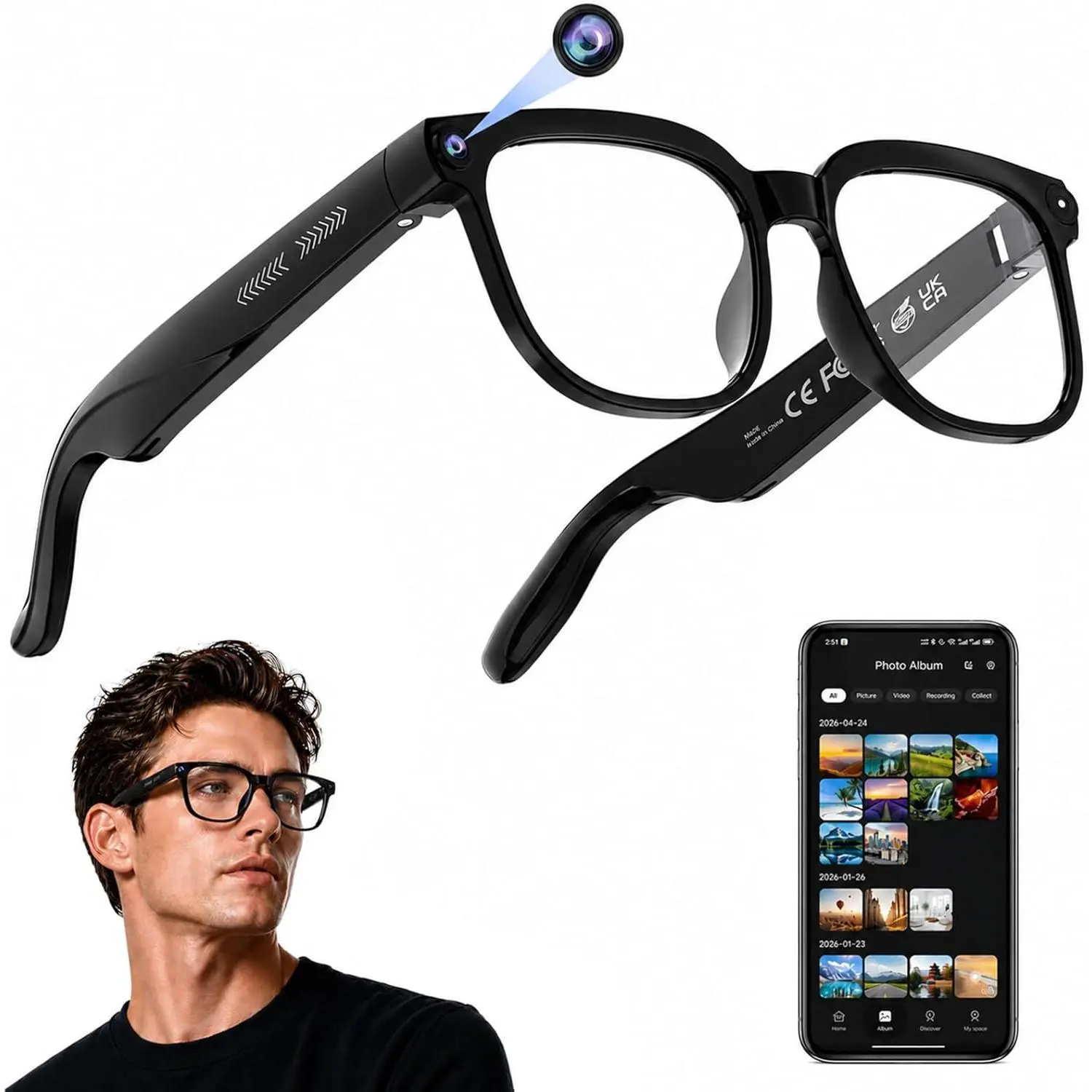 AI Smart Glasses with Translation, 4K Video, Real-Time Recording, Wireless Calling and Voice Assistant, bluetooth