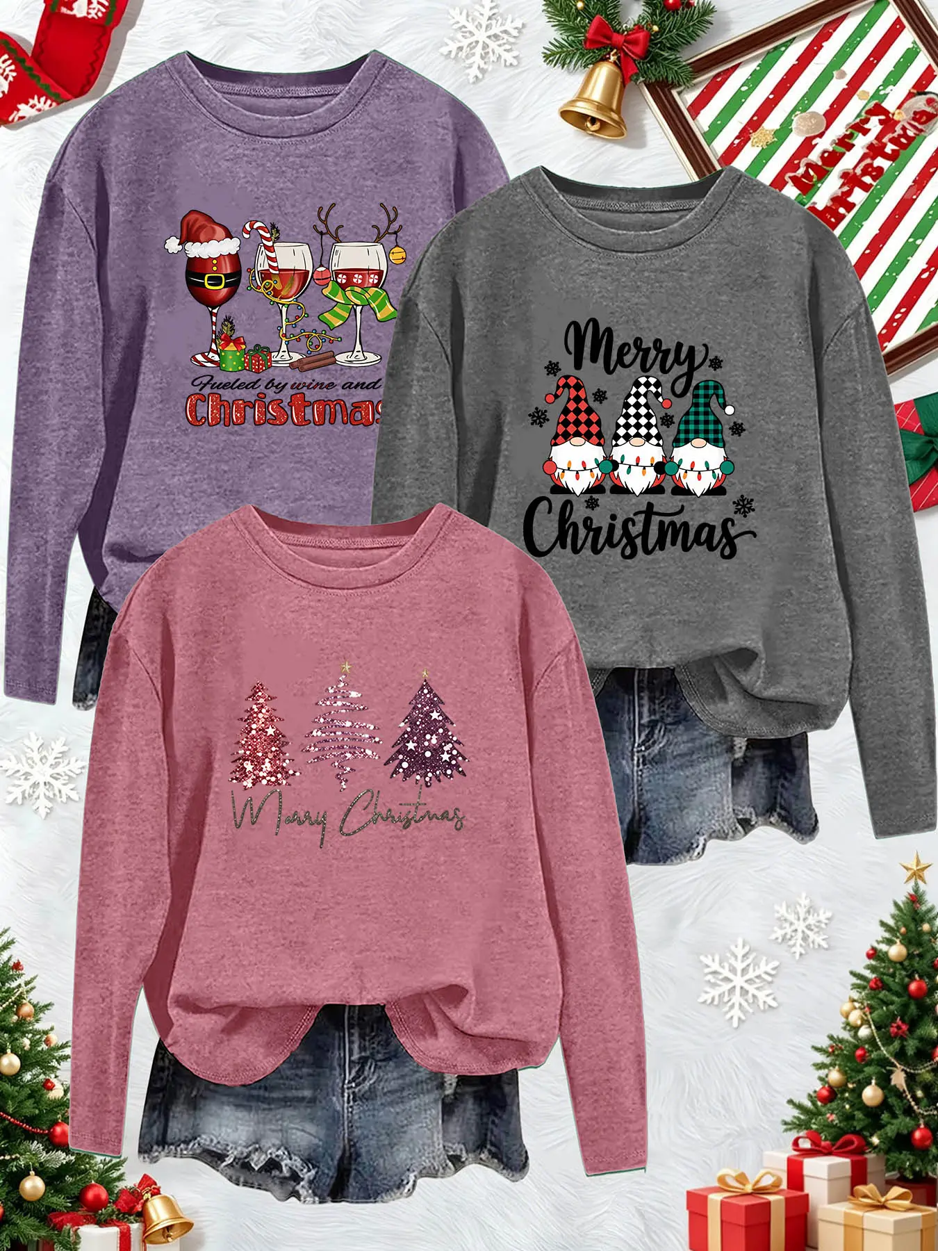 3Pcs Women Crew Neck Long Sleeve T-Shirt, Christmas Wine Glass Gnome Glitter Tree Holiday Print, Multi-color Available, Machine Washable, Soft Skin-friendly Spring Autumn Daily Stylish Top