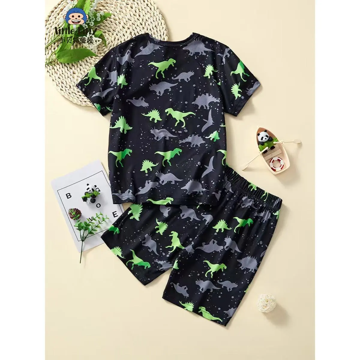 Boys' 2-Piece Pajama Set - T-Rex Dinosaur Pattern, Round Neck Short Sleeve T-Shirt & Shorts, Soft Knit Elastane Stretch Fabric, Regular Cut, Casual Wear for Over 3 Yrs, Summer Fall Sleepwear, Ideal Daily Gift (Light Test)