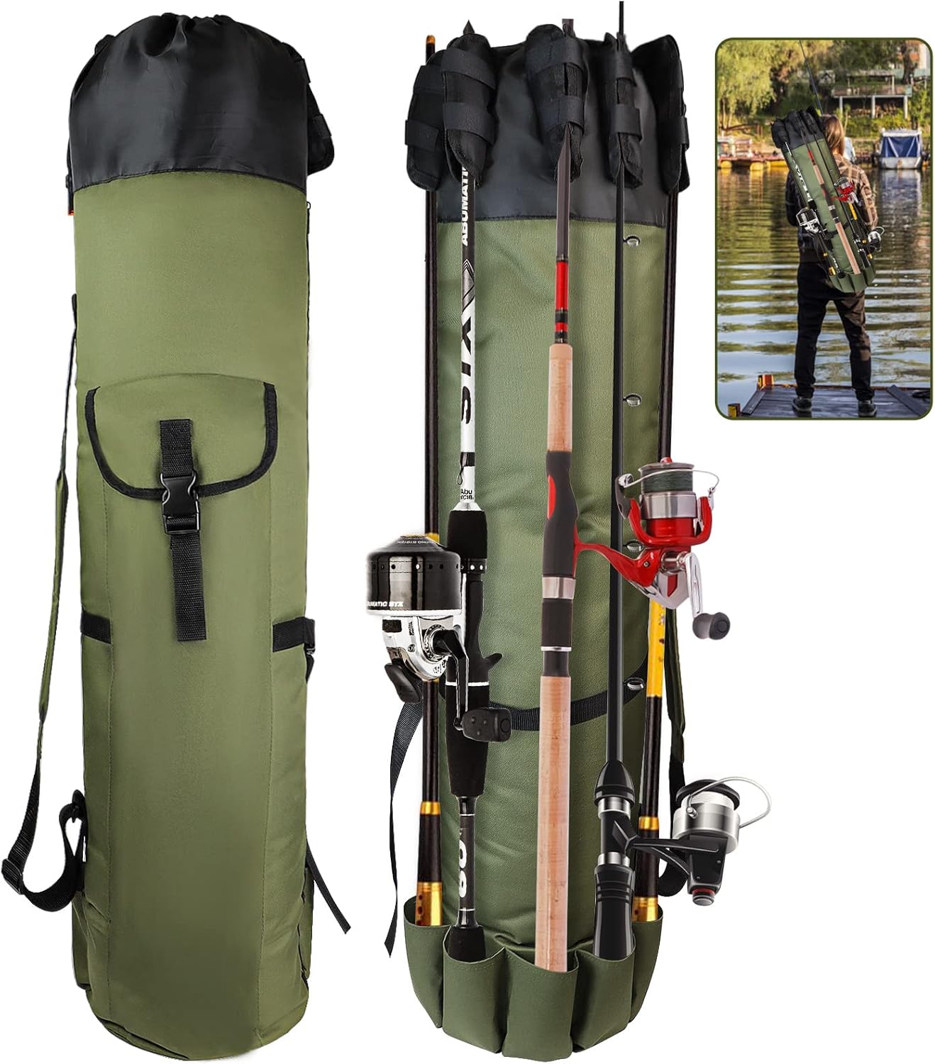 Foldable Oxford Fabric Fishing Rod Storage Bag, Portable Lightweight Outdoor Shoulder Carry Case Green for Men Fishing Gear and Baitcaster Rods
