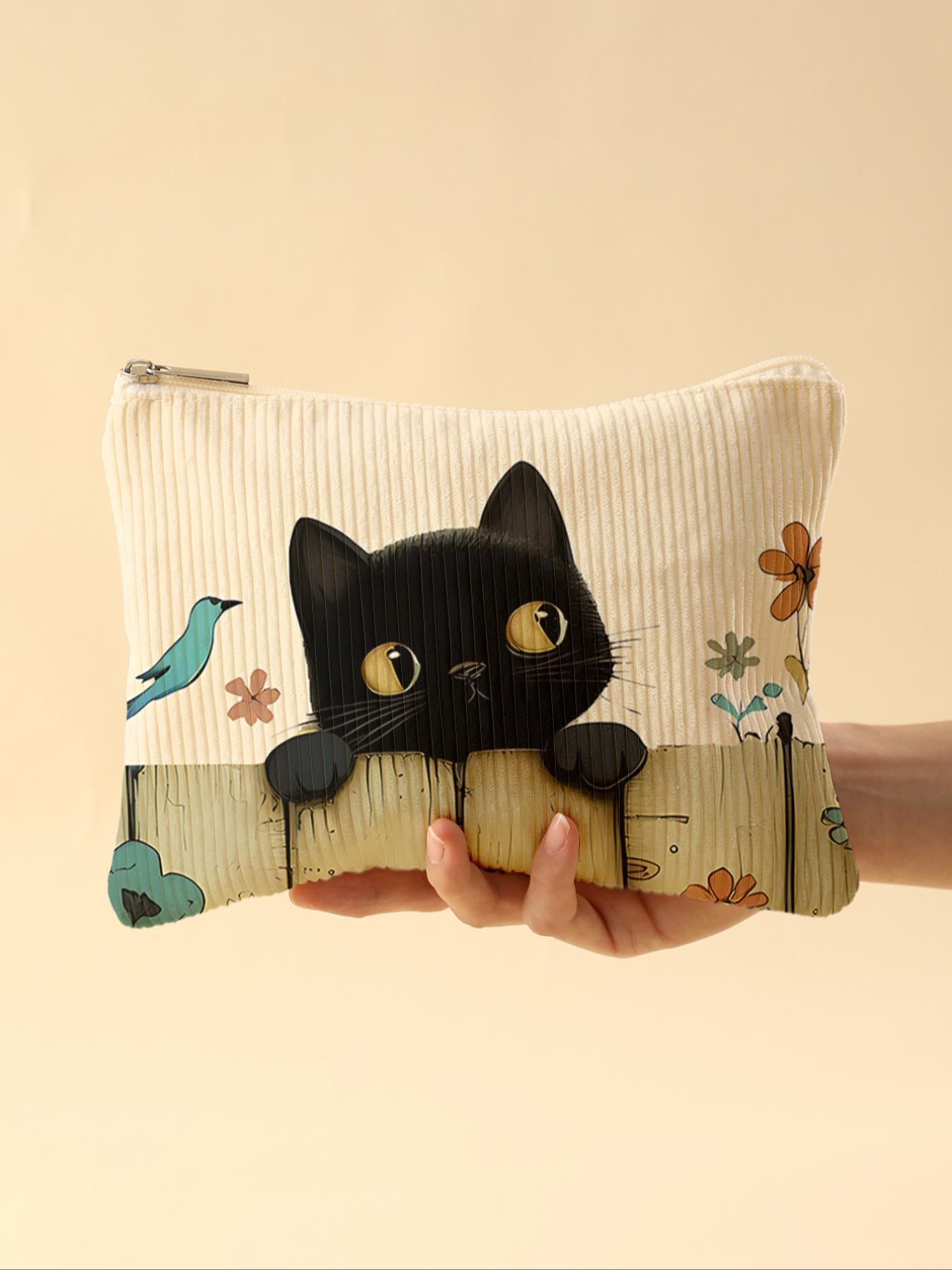 Cat Pattern Corduroy Makeup Bag, Lightweight Zipper Makeup Bag, Multifunctional Makeup Organizer for Toiletries and Accessories, Cosmetic Pouch