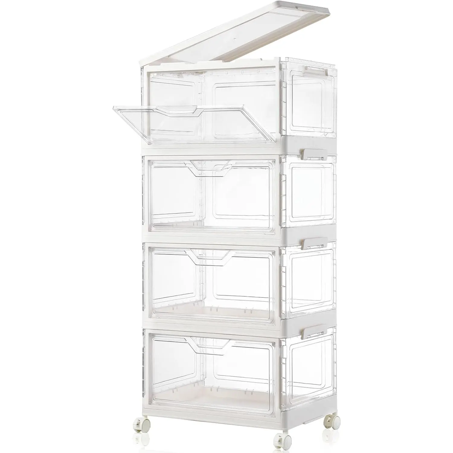 Collapsible Plastic Storage Bins with Wheels, Clear Stackable Storage Bins with Lid, Stackable Storage Bins with Open Door, Folding Storage Bins Organizer for Closet, Bedroom, Living Room
