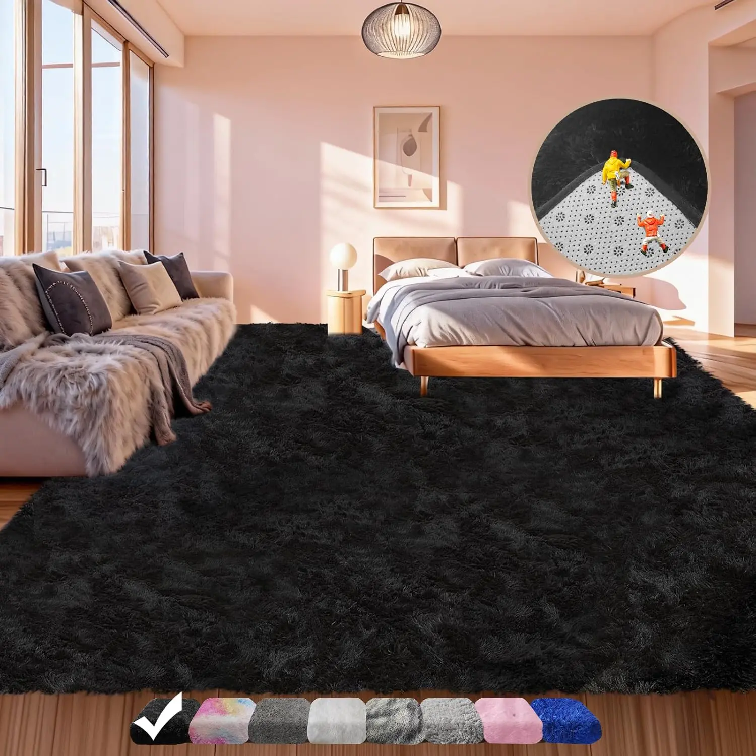 Large Shag Area Rugs 5x7 for Living Room, Soft Black Rugs for Bedroom, Shaggy Living Room Rug, Plush Fuzzy Bedside Rug, Carpets for Kids Dorms Room Home Decor, Anti-Skid