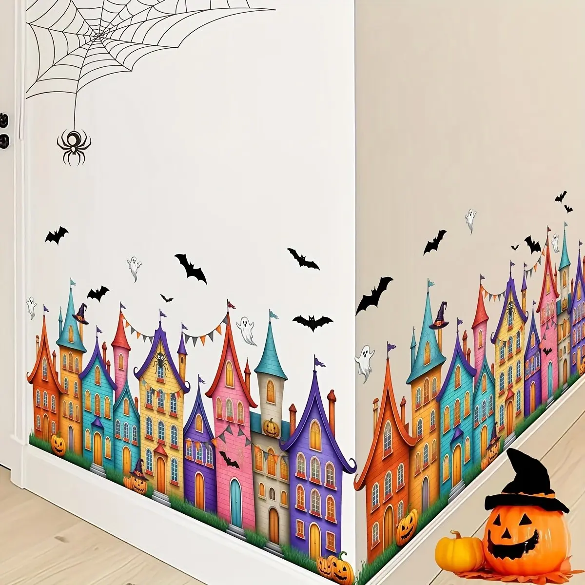 Halloween Bat Ghost Pumpkin Castle PVC Wall Sticker, Self-Adhesive, Removable, No Residue, 82cm X 39cm, Decorative for Home