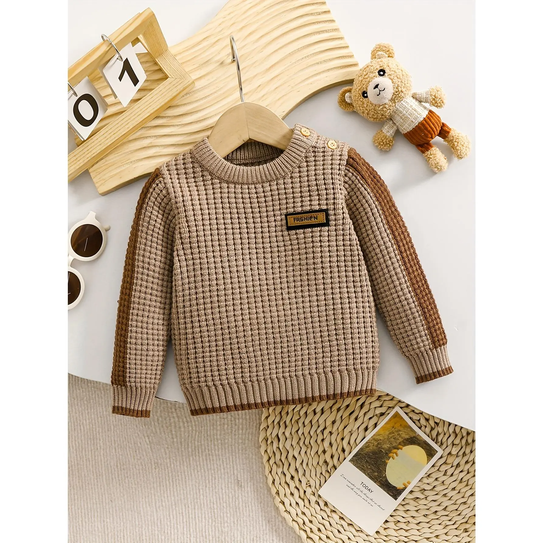 Baby Boys Brown Round Neck Half Placket Knitted Sweater, Classic Versatile Warm Knit Pullover, Soft Comfortable Infant Top, Suitable For Spring, Autumn And Winter Daily Wear And Casual Occasions
