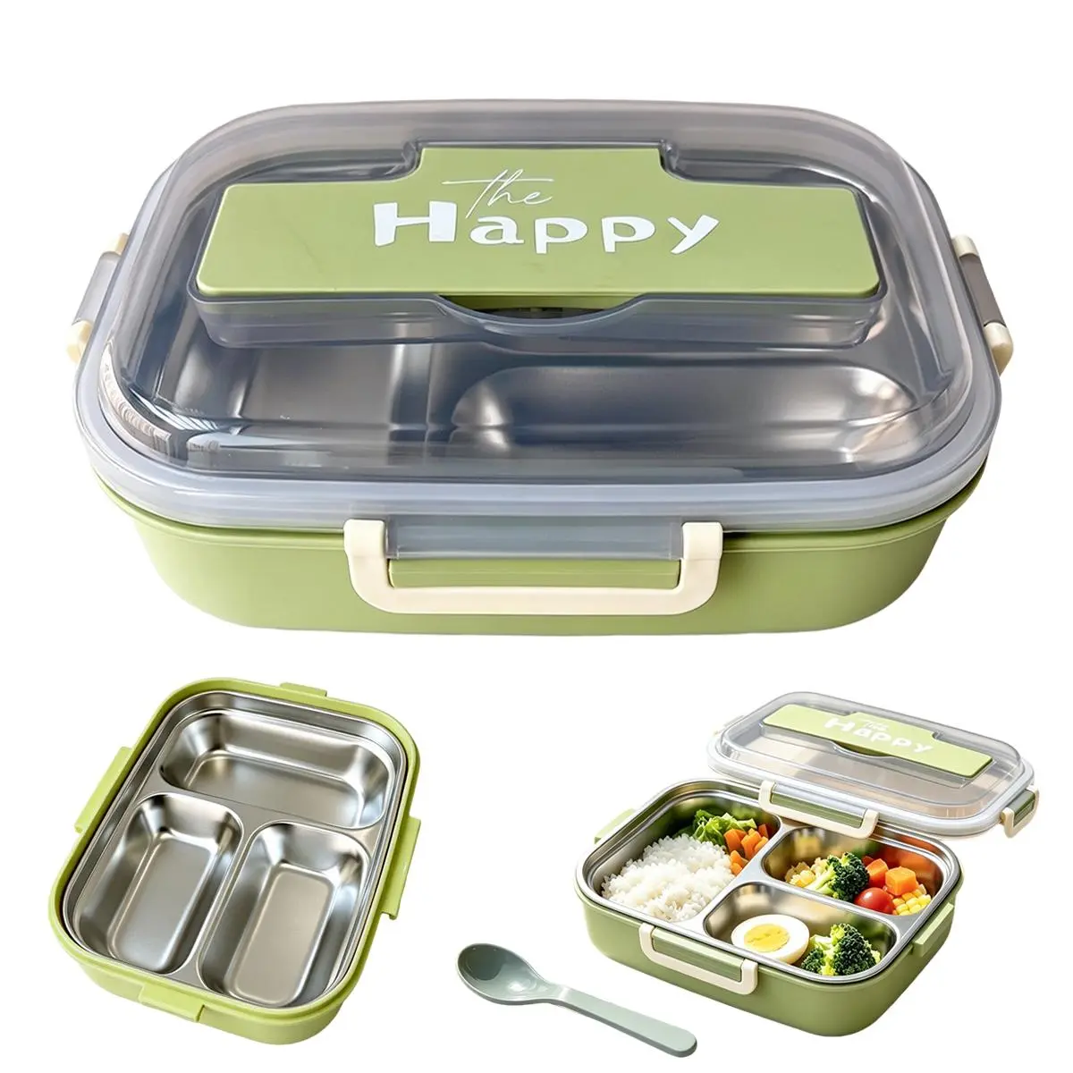 3 Compartment Stainless Steel Bento Box | Leakproof Lunch Box with Built-in Spoon Portable Food Container for Student School Office Picnic
