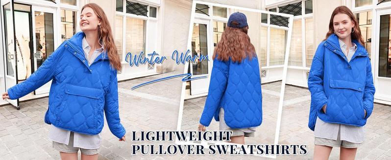 Imily Bela Womens Puffer Pullover Jacket Winter Quilted Hoodies Contrast Trim Hooded Puffy Coat Outerwear with Pockets