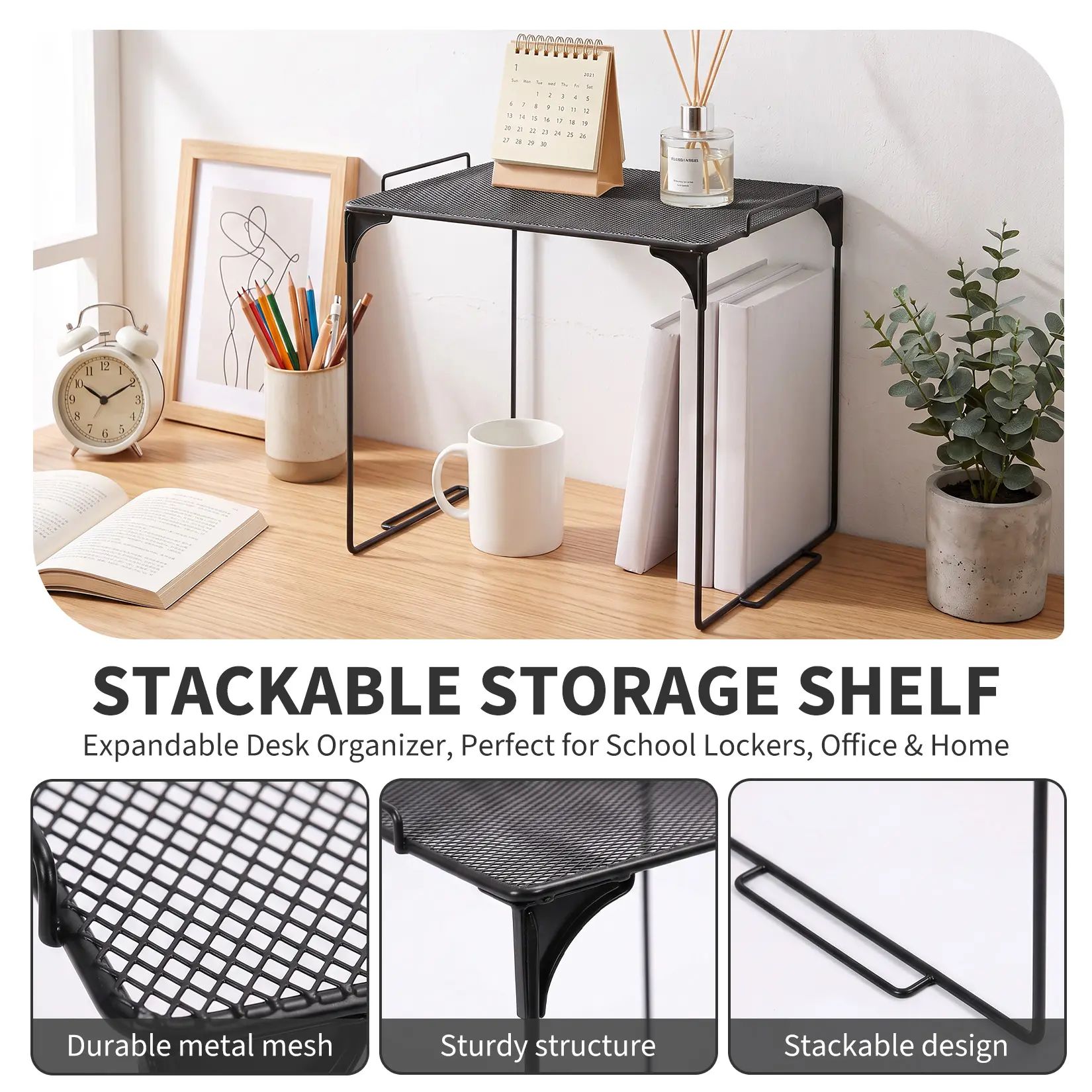 4-Pack Stackable Cabinet Shelf Organizers, 11 x 10 x 12 Inch Metal Mesh Storage Risers, Modular Counter and Closet Shelves for Kitchen Pantry, Desk, Office, Bathroom and School Locker, Black