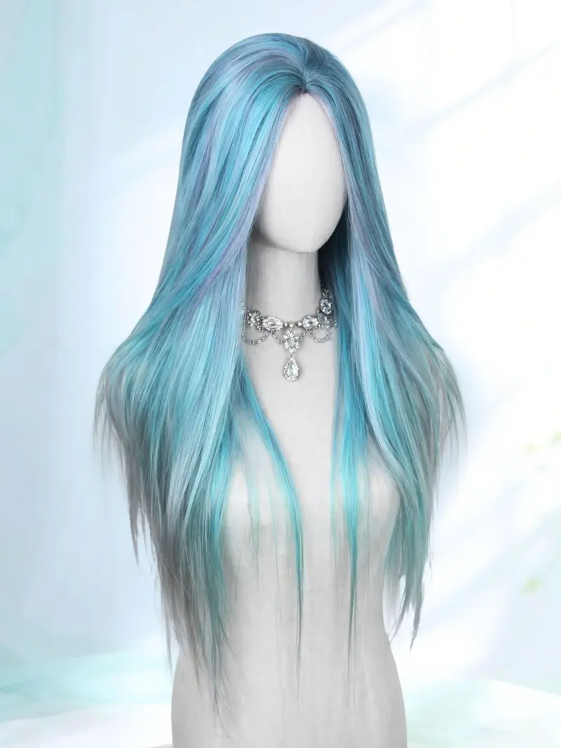 Mermaid Wig Ombre Blue Mixed Lilac, 30 Inch Long Straight Hair, Heat-Resistant Synthetic Wig for Women & Girls Cosplay & Daily Wear