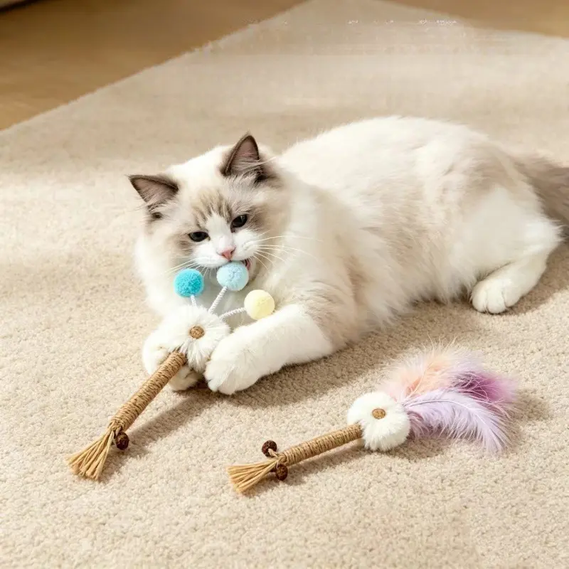 Universal Feathered Silver Vine Cat Toy Set - Polygonum Matatabi Gall Fruit Teethers, Engaging Interactive Kitten Teething Chew Stick, Pet Cat Wand Play Accessory