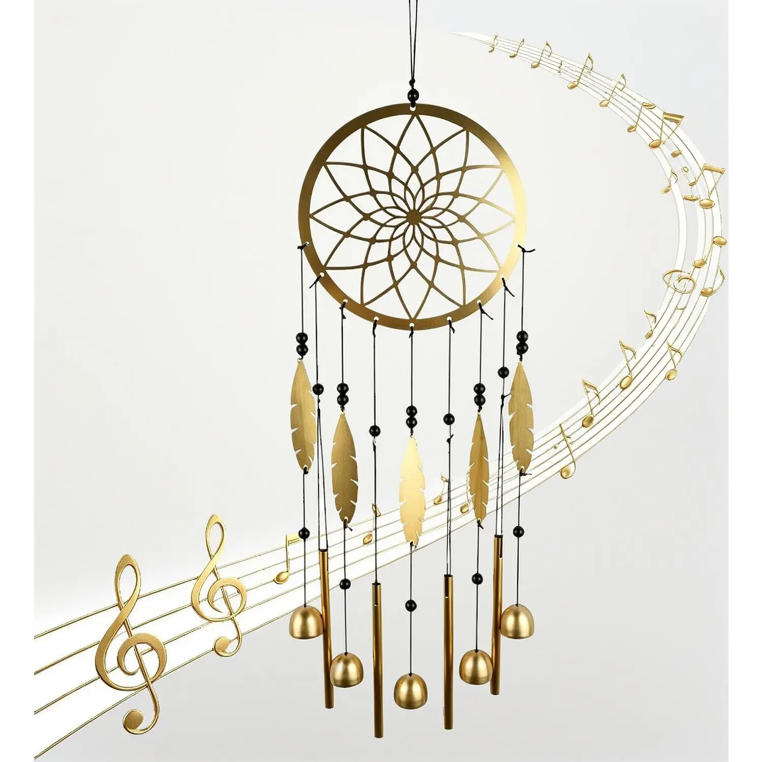 Golden Boho Dream Catcher Wind Chime – Laser-Cut Hollow Metal Design with Feathers, Aluminum Tubes & Bells, Soothing Outdoor/Indoor Hanging Decor for Patio, Bedroom & Garden