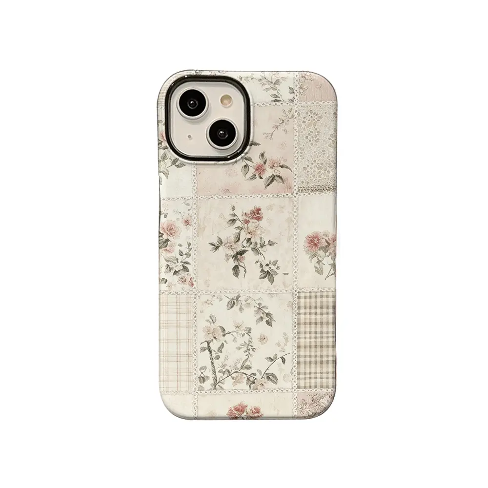 Vintage Lace Floral Patchwork Smartphone Case - Soft Neutral Cottagecore Watercolor Style TPU Cover, Water Repel. Accessories Fits iOS iPhone Series 17,16,15,14,13,12,11 Plus Pro Max, Romantic Shabby Chic Gift