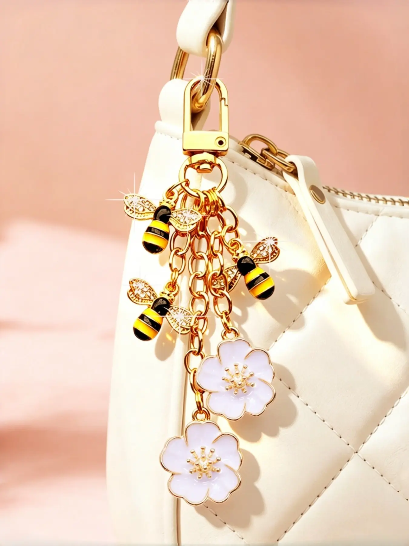 Sweet Style Rhinestone Bee Flower Keychain for Purse, Fresh Oil Drop Small Flower Pendant, Versatile Bag Charm for Girls, Key Charms, 1pcs