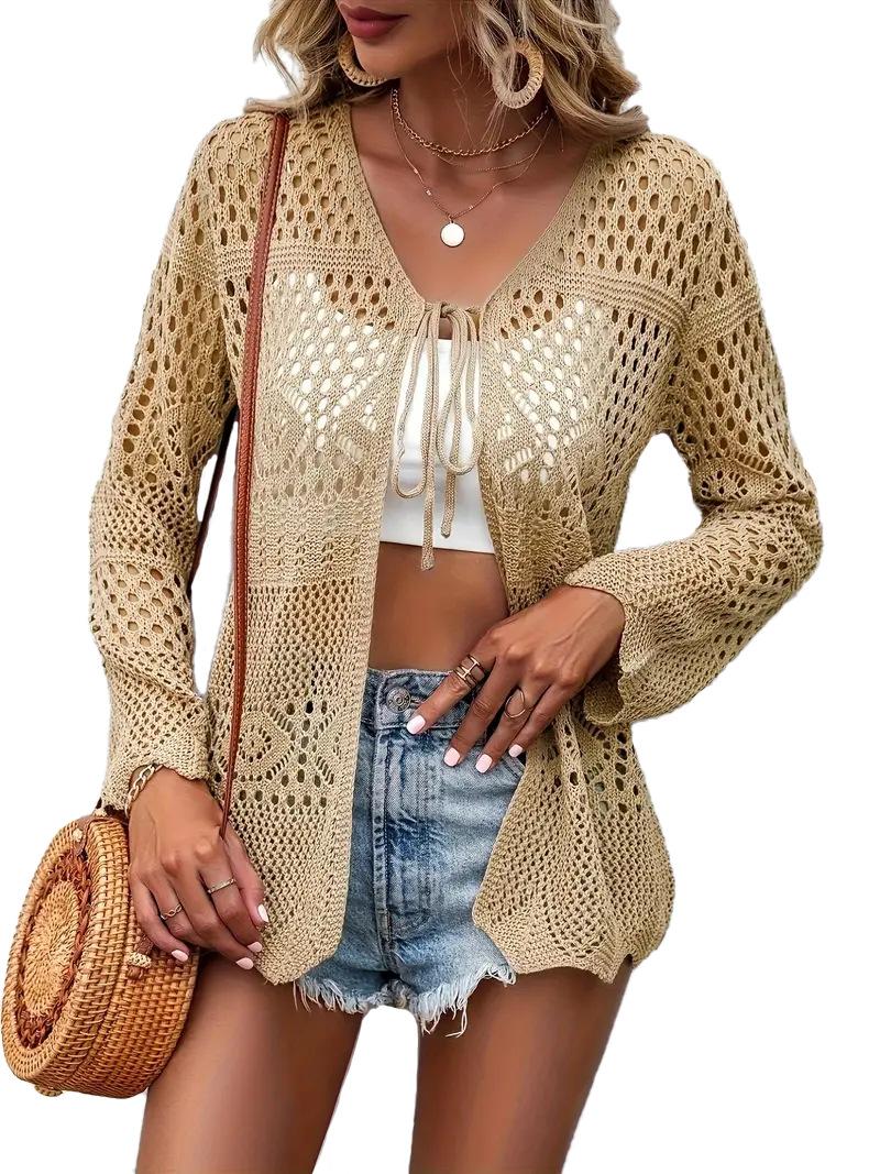 Women's Solid Color Hollow Out Tie Front Crochet Cardigan, Casual Long Sleeve Knitwear for Summer, Fashion Women's Knit Clothing for Daily Wear, Knitting, Summer Cardigan Women, Beach Cover Up, Lightweight Knit Top, Boho Crochet Sweater, Vacation Outfit