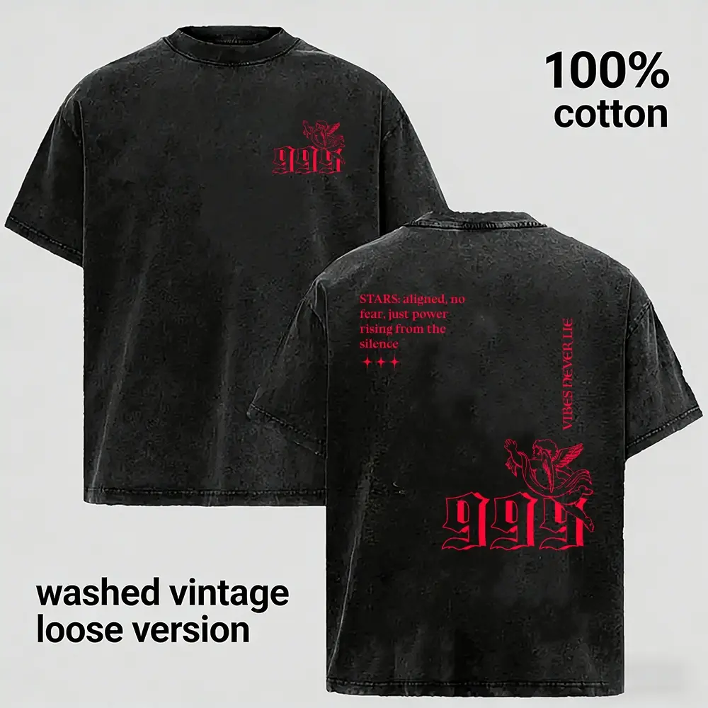 Vintage Washed 999 Angel Number Front Back Winged Cherub Red Gothic Graphic T Shirt Men Loose Oversized 100% Cotton Streetwear Tee Perfect Gift For Guys