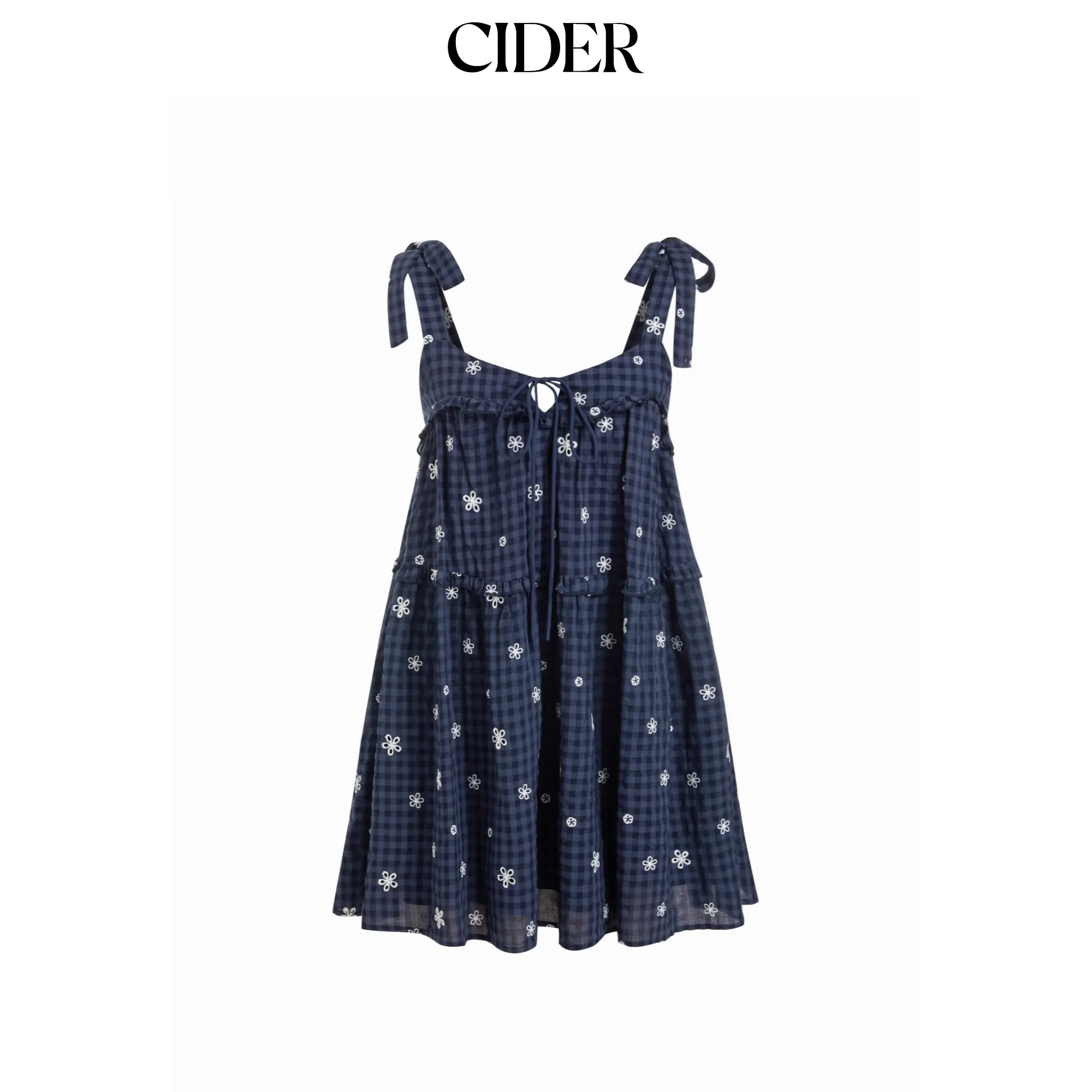 Cider Cotton-blend Gingham Floral Graphic Bowknot Ruffled Tiered Oversized Babydoll Mini Dress SohoChic