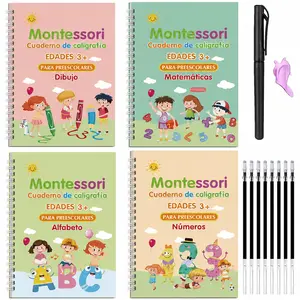 Spanish Magic Practice Scribe Book Set, 4Book/Set Reusable Number & Letter & Math & Drawing Practice Scribe Book with 1 Pen, 10 Refill & 1 Pencil Grip, Perfect Gift for Your Child back to school season, Christmas, and birthdays