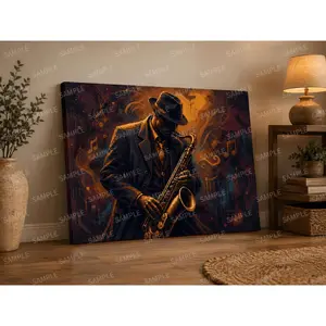 Orange Jazz Saxophone Canvas Wall Art, Moody Musician Poster Print, Vintage Music Room Decor, Living Room Bedroom Office Wall Art, Modern Lounge Studio Decor, Unframed Poster or Framed Canvas Wrap