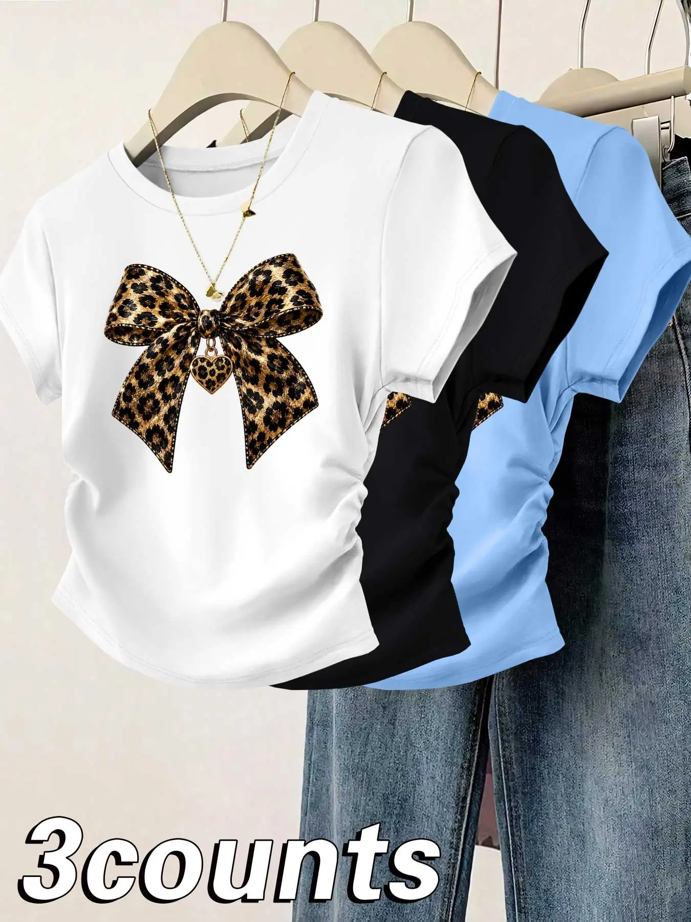 Fashion Casual Simple Print Round Neck Women's Summer Short Sleeve T-Shirt Set, Ruched Waist Design, Three-Piece Combo, Stylish and Comfortable