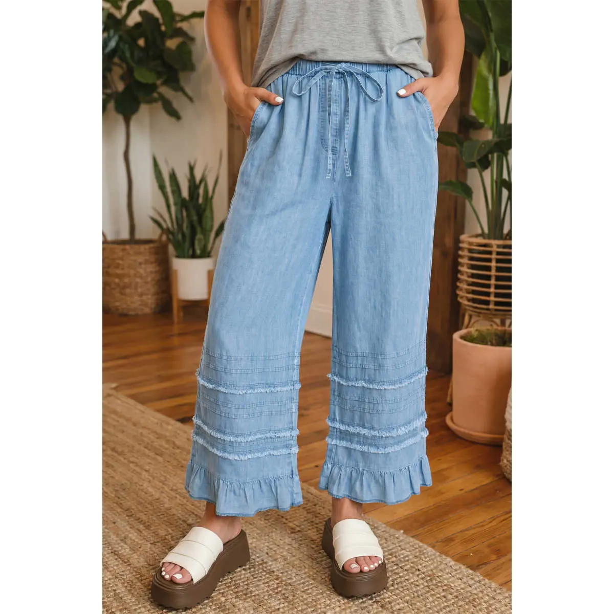 Women's Beau Blue Ruffled Hem Wide Leg Chambray Pants - Everyday, Feminine, Comfortable, Casual Style, Cotton Fabric, Lightweight, Denim, Soft, Everyday Wear